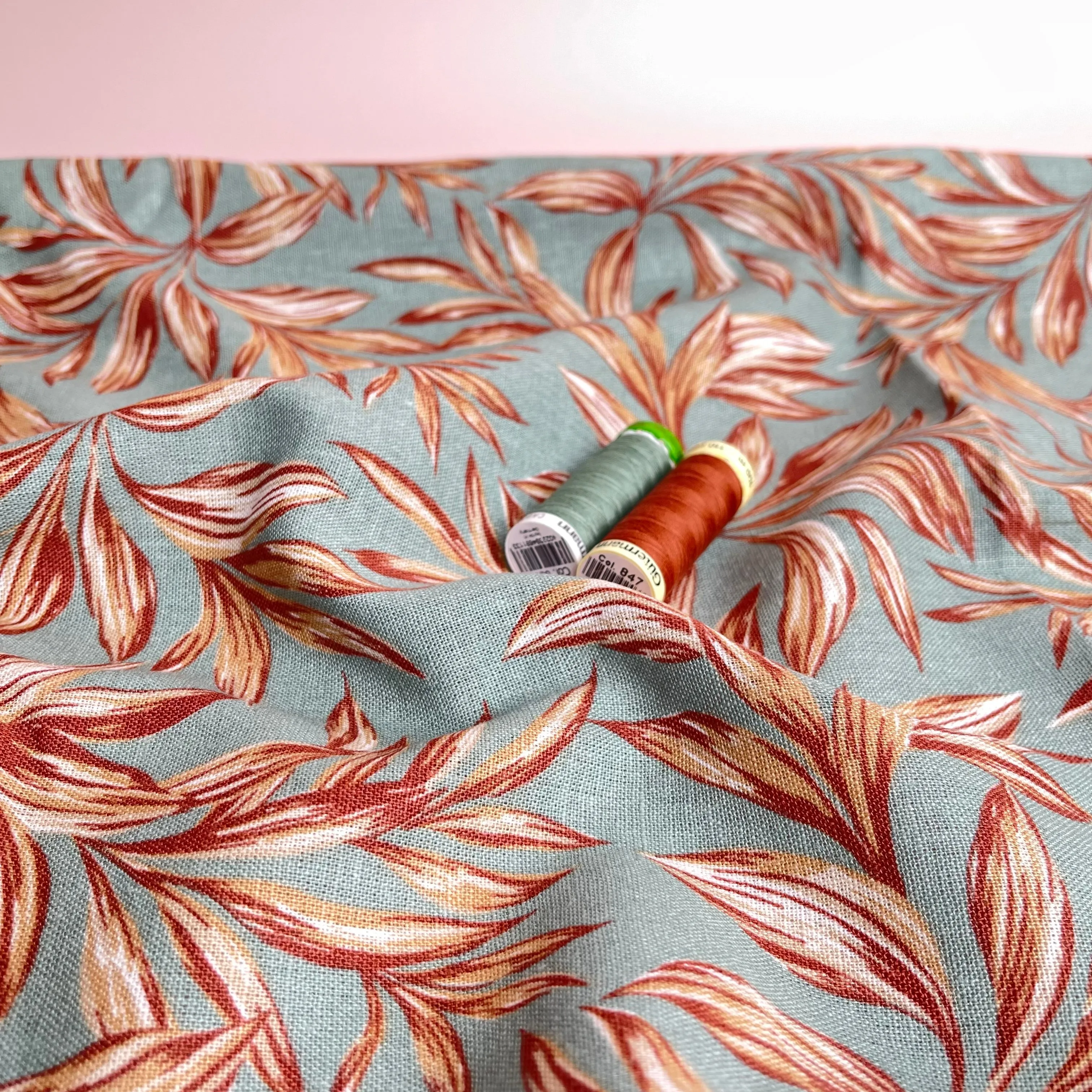 Leaves on Sage Green Washed Linen Viscose Blend Fabric