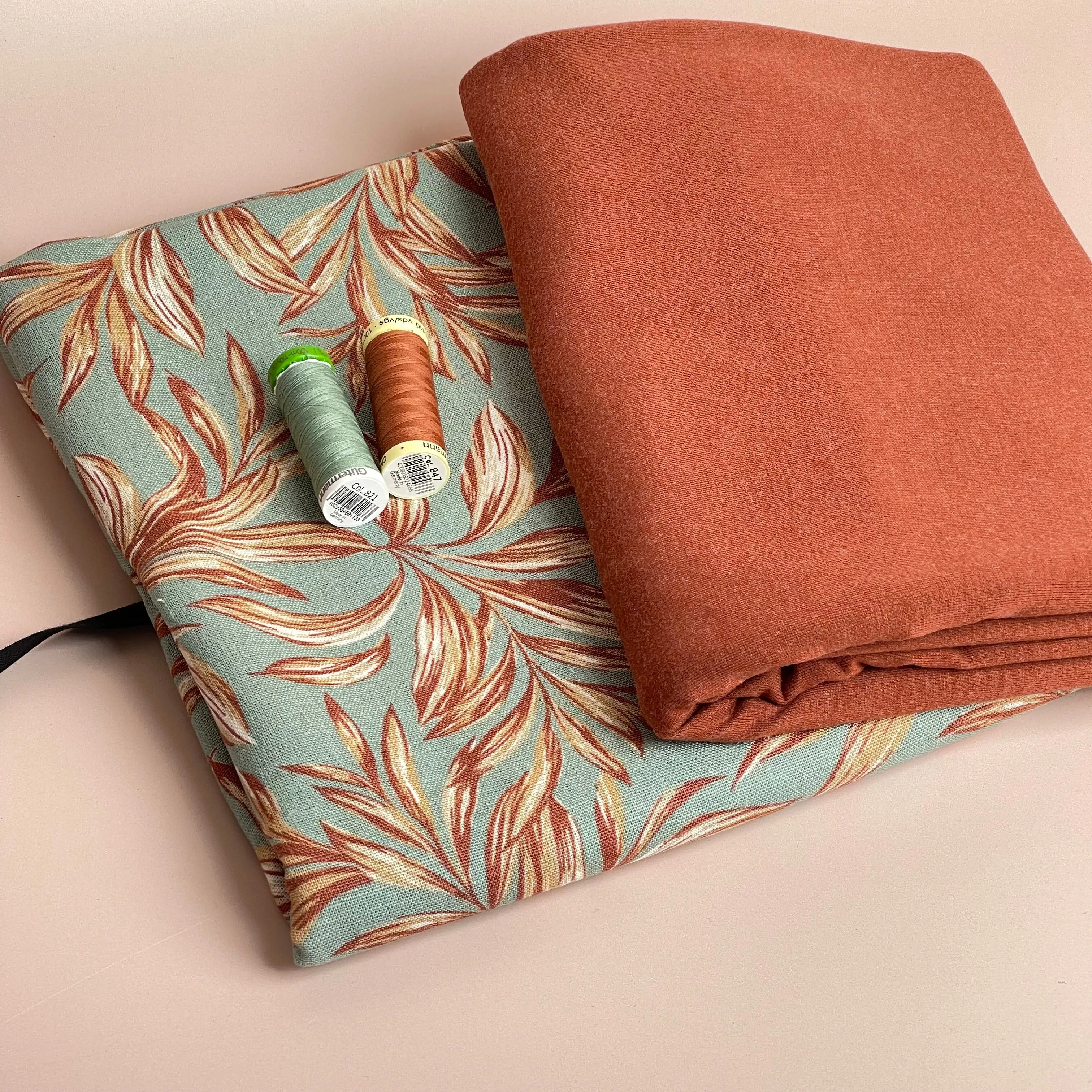Leaves on Sage Green Washed Linen Viscose Blend Fabric