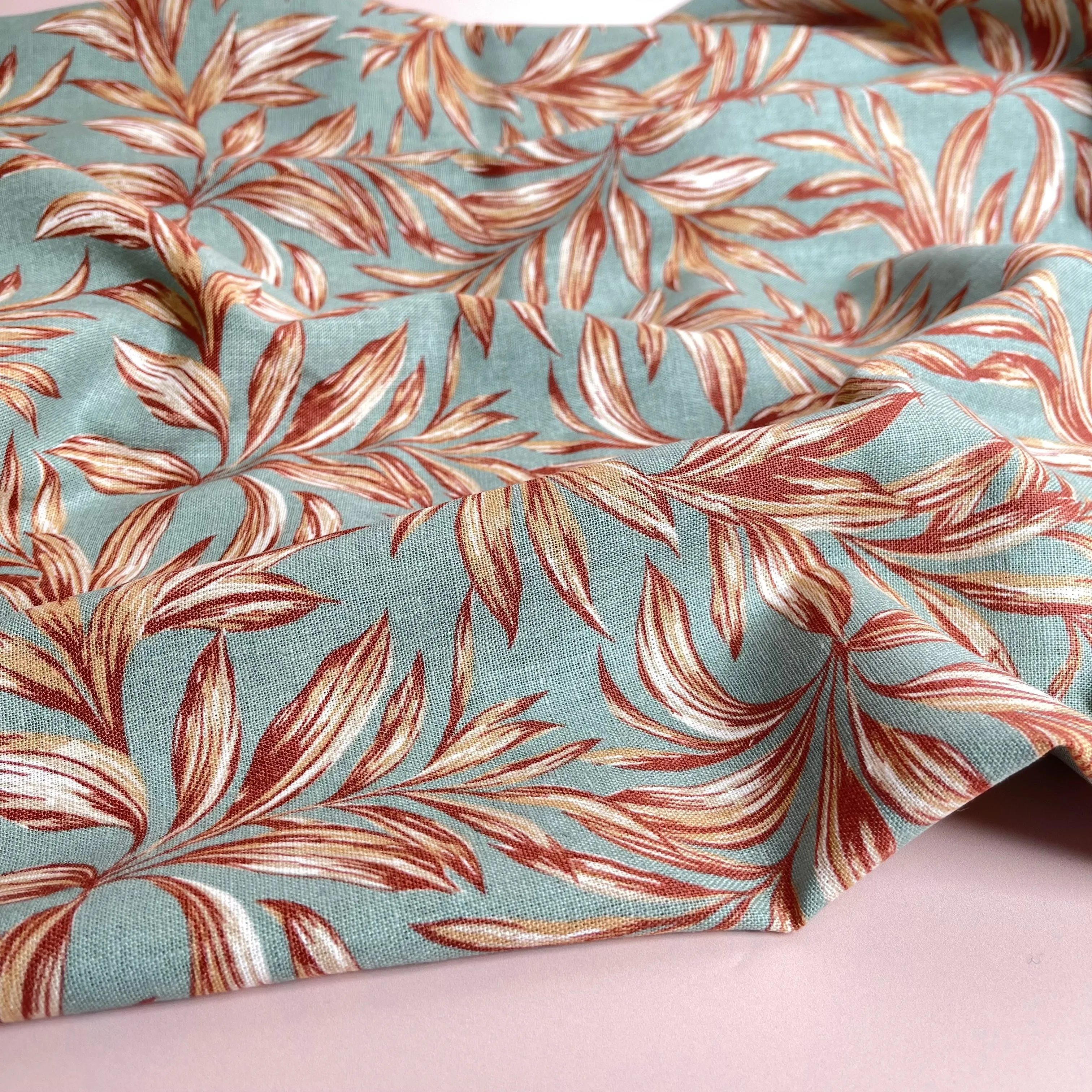Leaves on Sage Green Washed Linen Viscose Blend Fabric