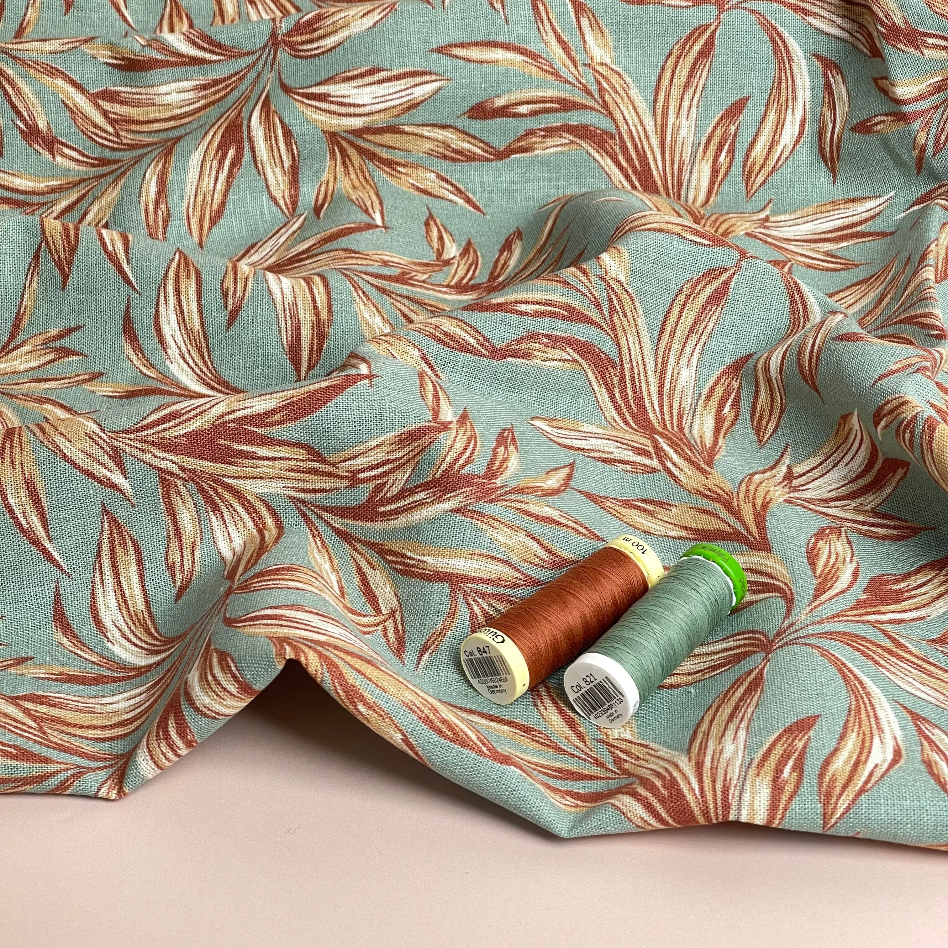 Leaves on Sage Green Washed Linen Viscose Blend Fabric