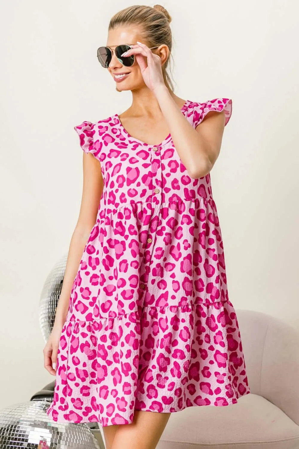Leopard Cap Sleeve Tiered Mini Dress