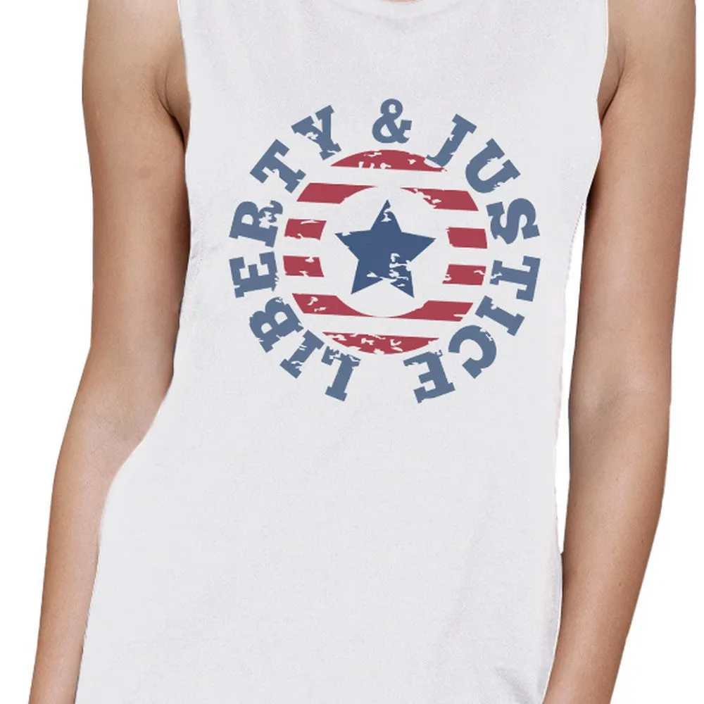Liberty & Justice White Cotton Graphic Muscle Tanks Gifts For Women