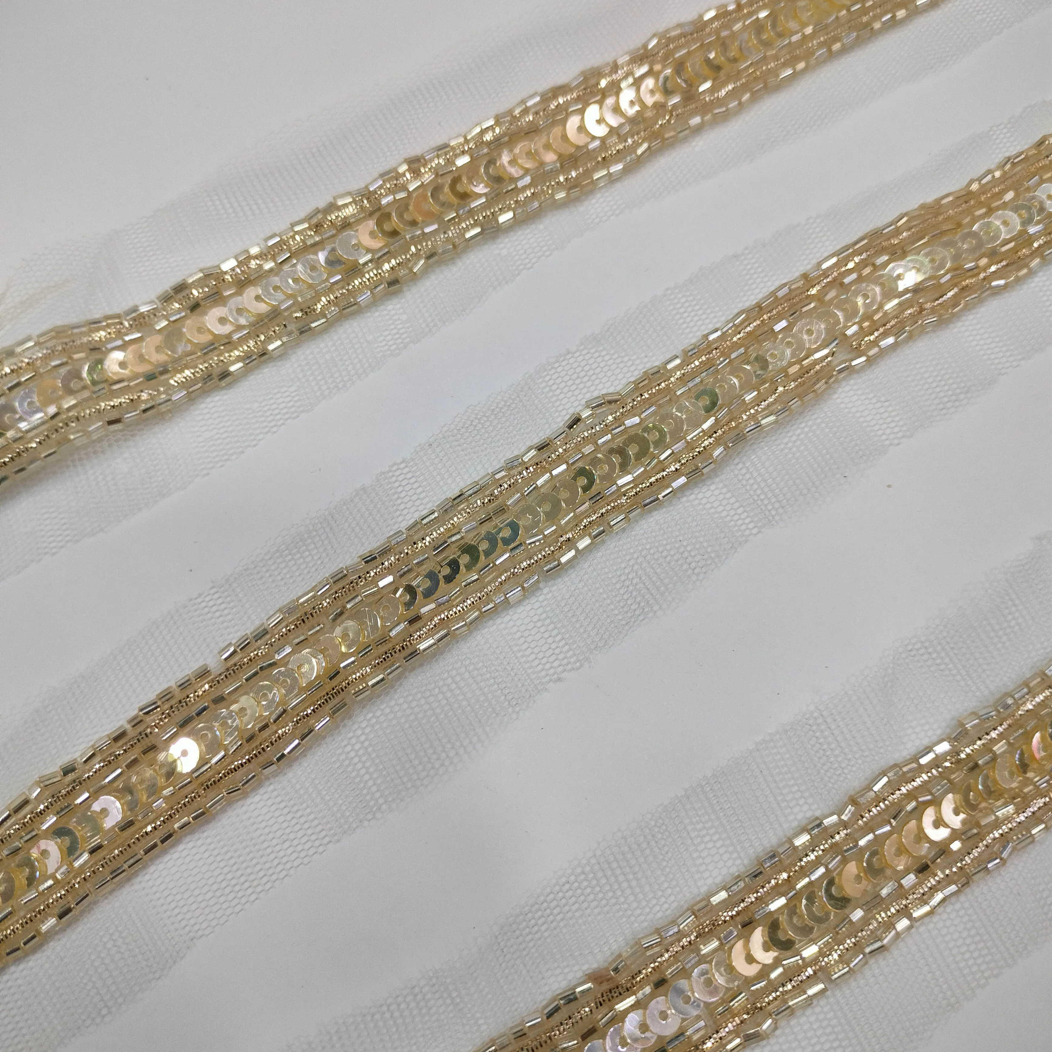Light Gold Sequins Work Embellished Handwork Trim (Wholesale)