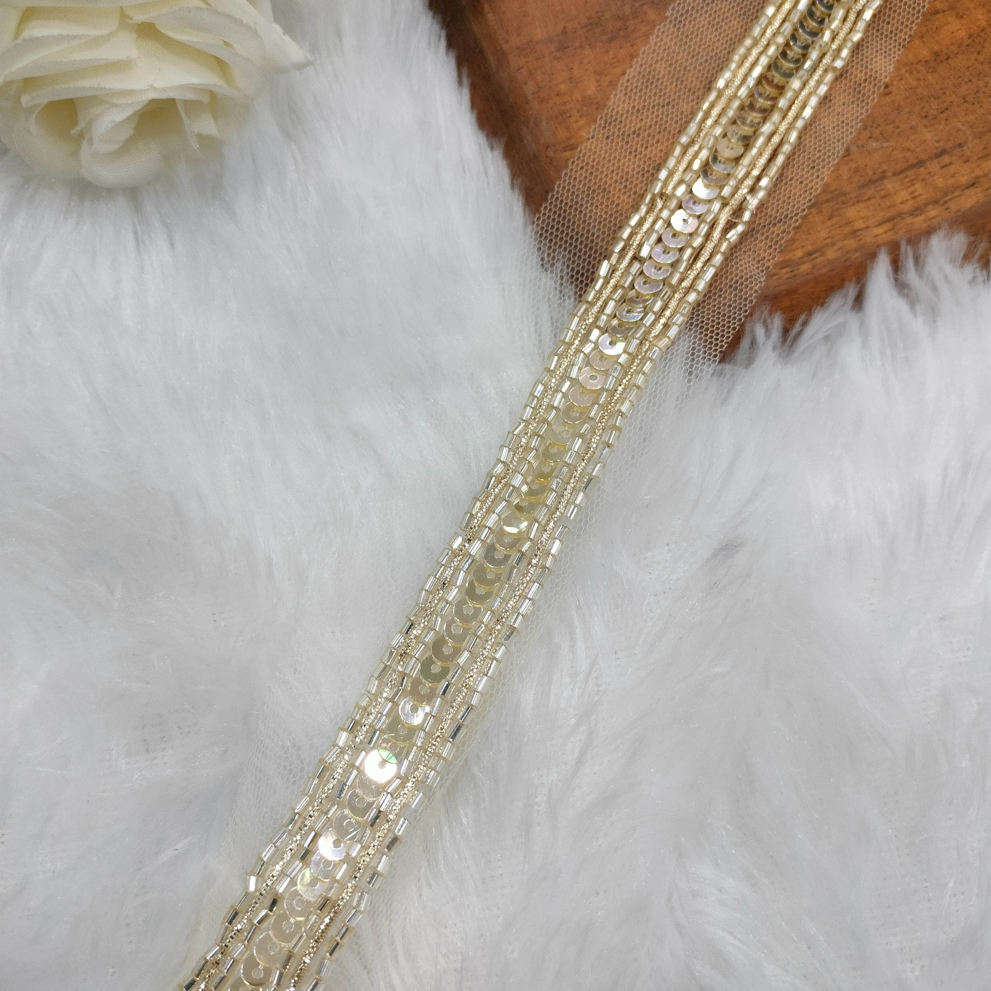 Light Gold Sequins Work Embellished Handwork Trim (Wholesale)