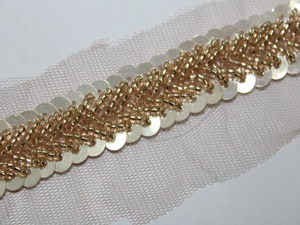 Light Golden Beads and Sequins Handwork Embellished Embroidered Border