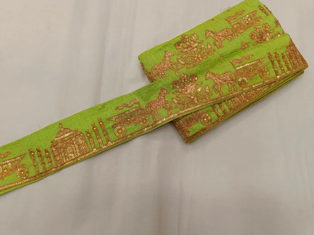 Lime Green & Golden Zari & Sequins Embroidered Border
