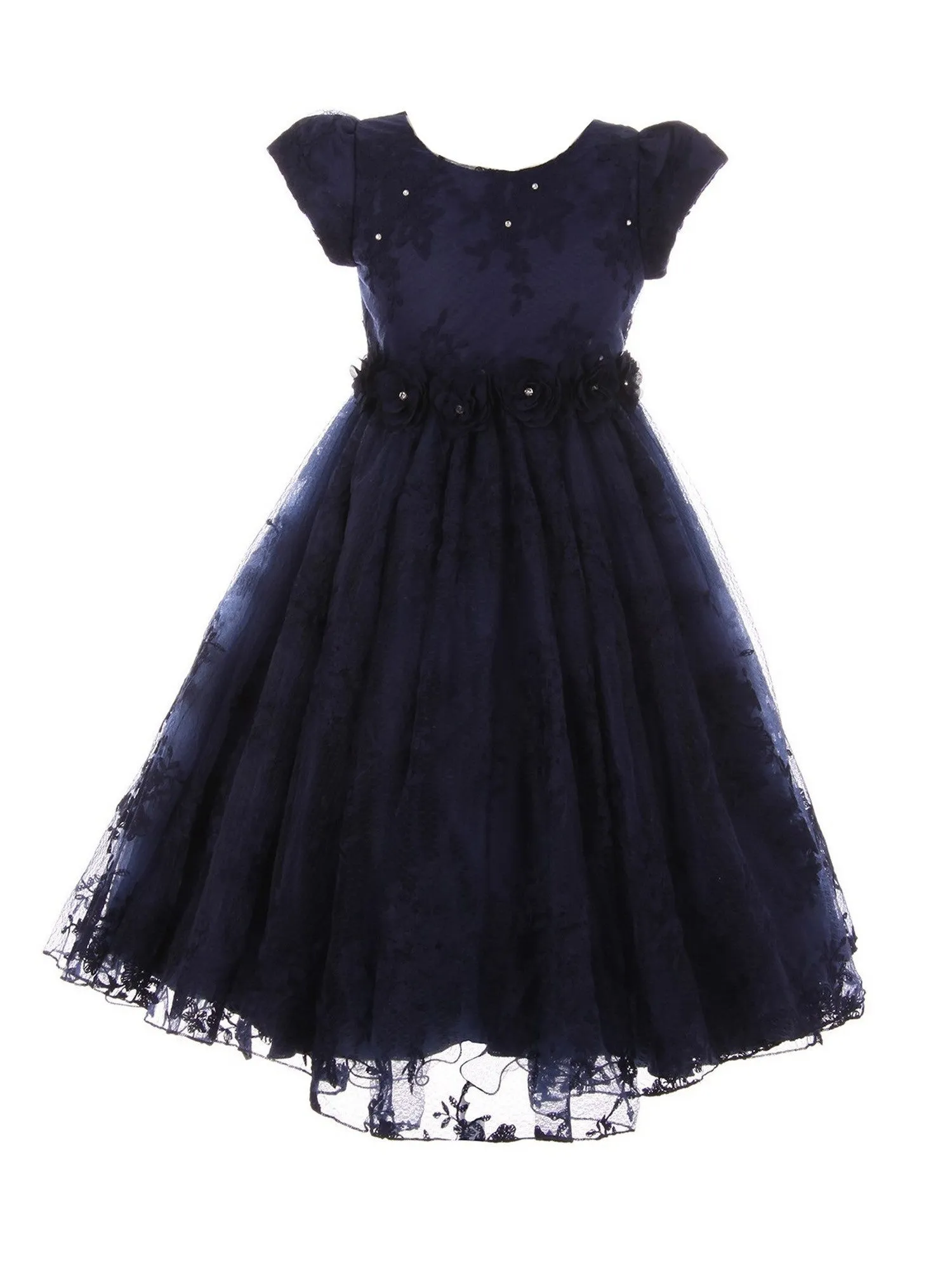 Little Girls Navy French Chantilly Lace T-Length Flower Girl Dress 2-6