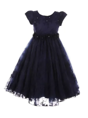 Little Girls Navy French Chantilly Lace T-Length Flower Girl Dress 2-6