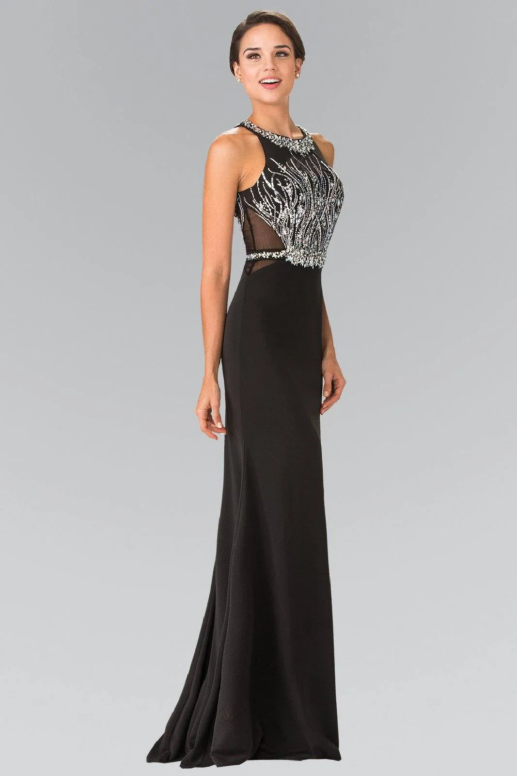 Long Beaded Sleeveless Dress with Sheer Sides by Elizabeth K GL2294