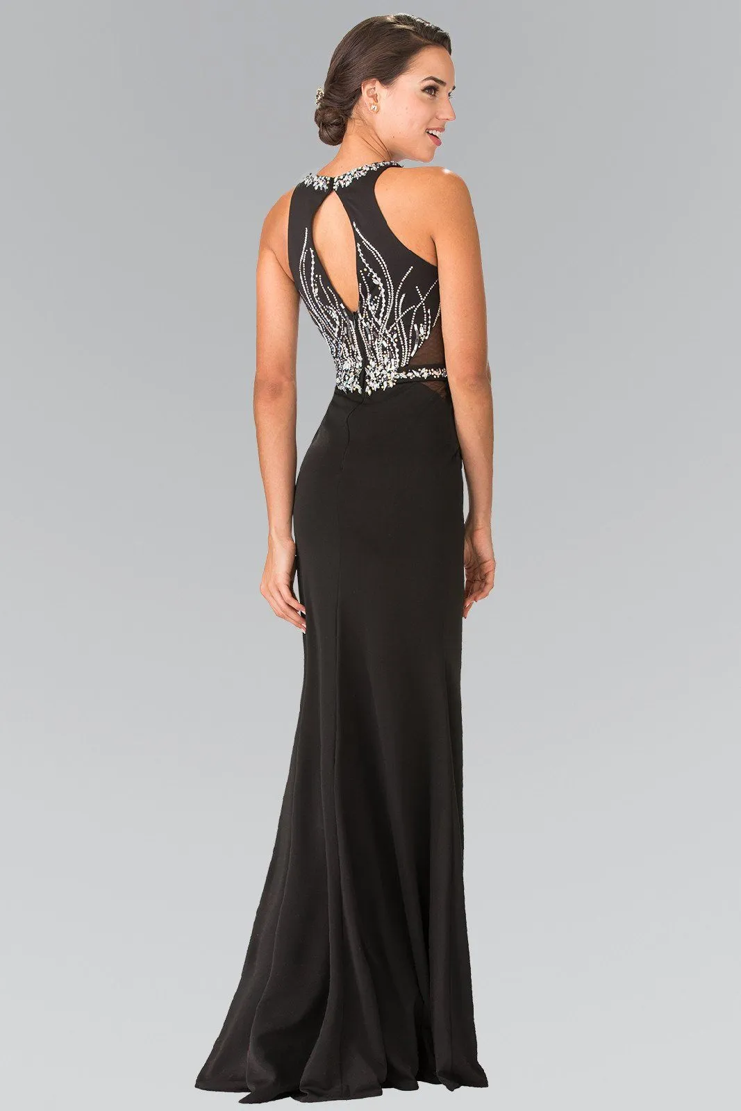 Long Beaded Sleeveless Dress with Sheer Sides by Elizabeth K GL2294