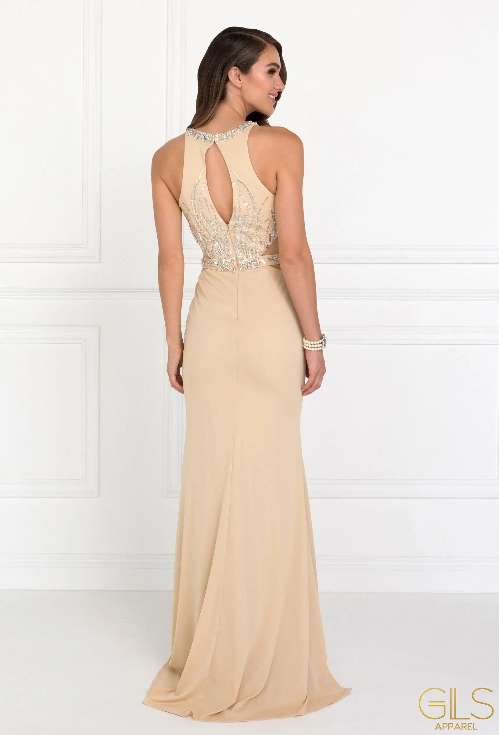 Long Beaded Sleeveless Dress with Sheer Sides by Elizabeth K GL2294