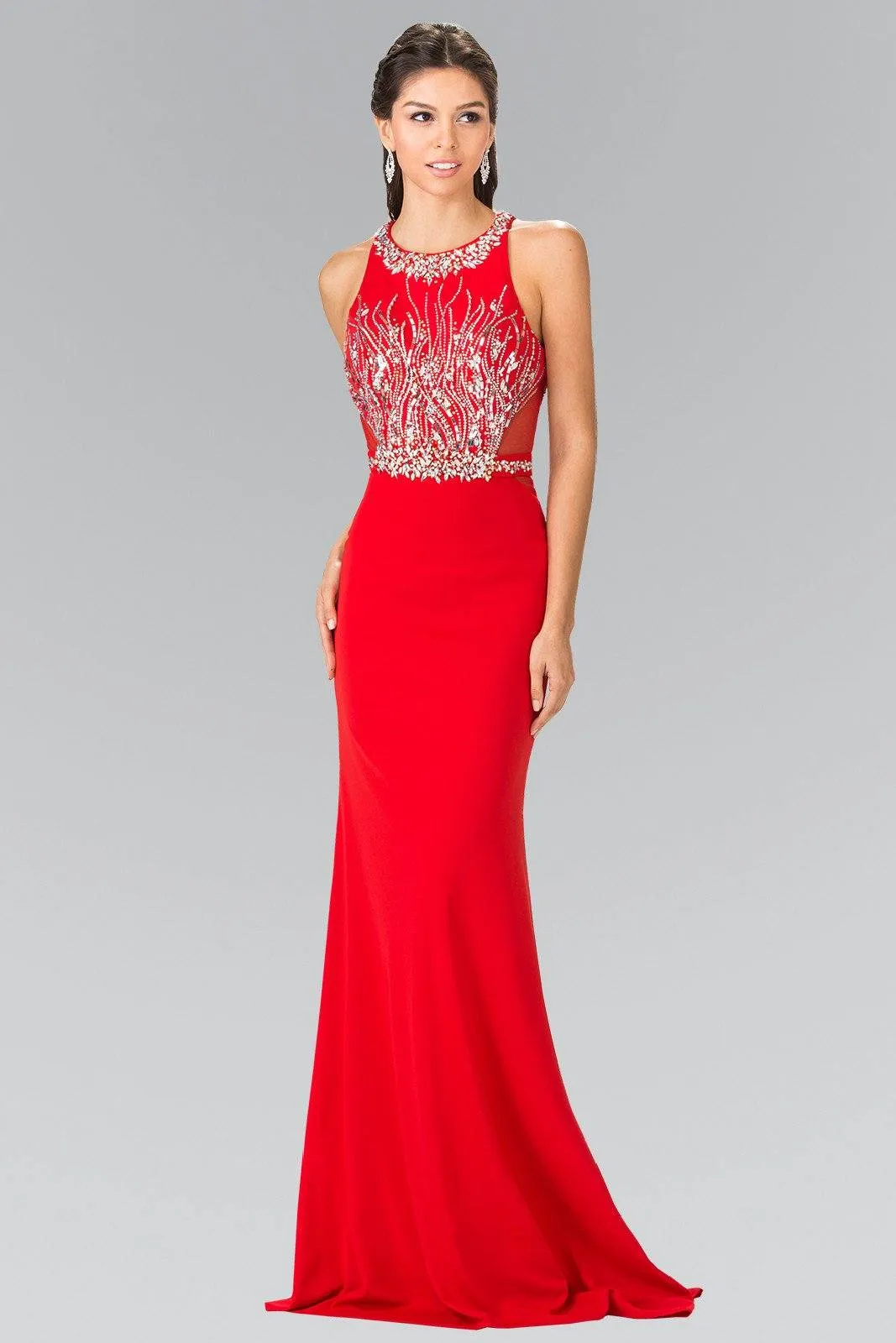 Long Beaded Sleeveless Dress with Sheer Sides by Elizabeth K GL2294