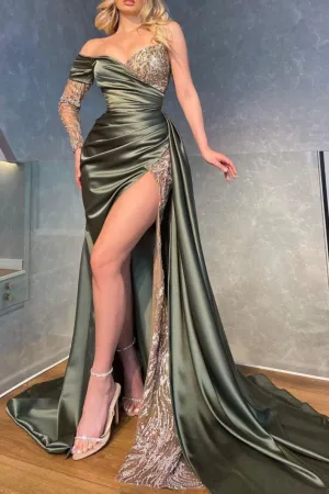 Long Mermaid Off-the-Shoulder Front Slit Prom Dress With Sleeves