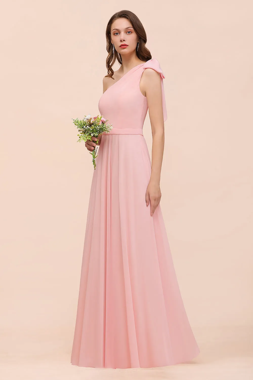 Long One Shoulder A-Line Chiffon Pink Bridesmaid Dress With Bowknot
