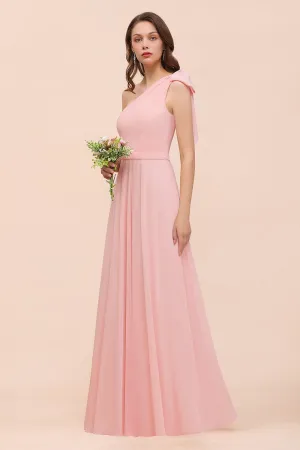 Long One Shoulder A-Line Chiffon Pink Bridesmaid Dress With Bowknot
