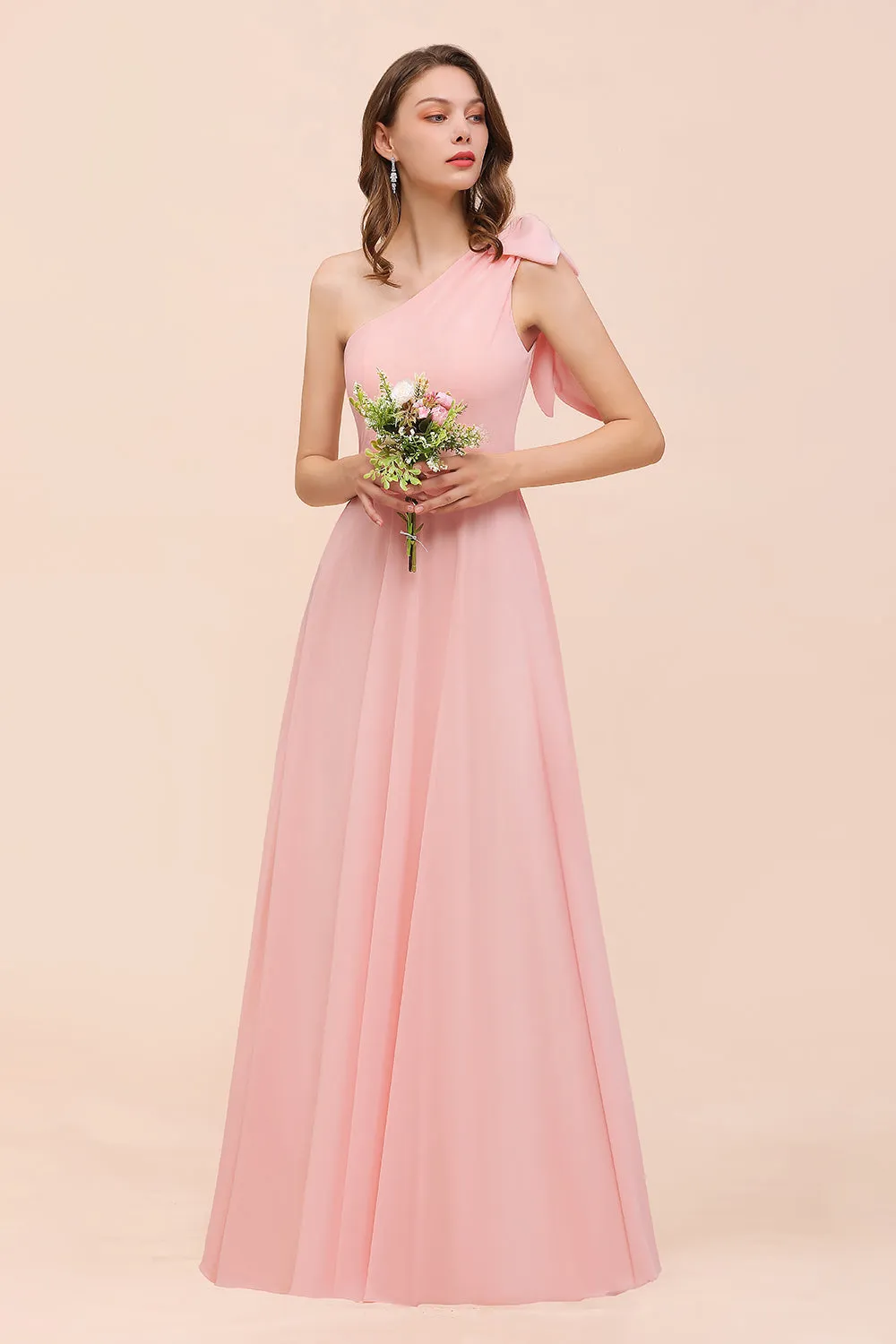 Long One Shoulder A-Line Chiffon Pink Bridesmaid Dress With Bowknot