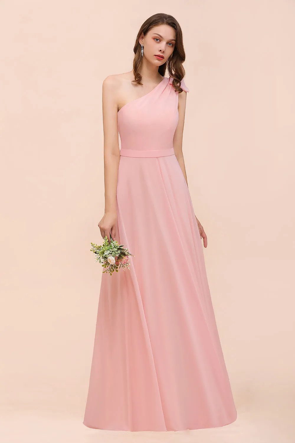 Long One Shoulder A-Line Chiffon Pink Bridesmaid Dress With Bowknot