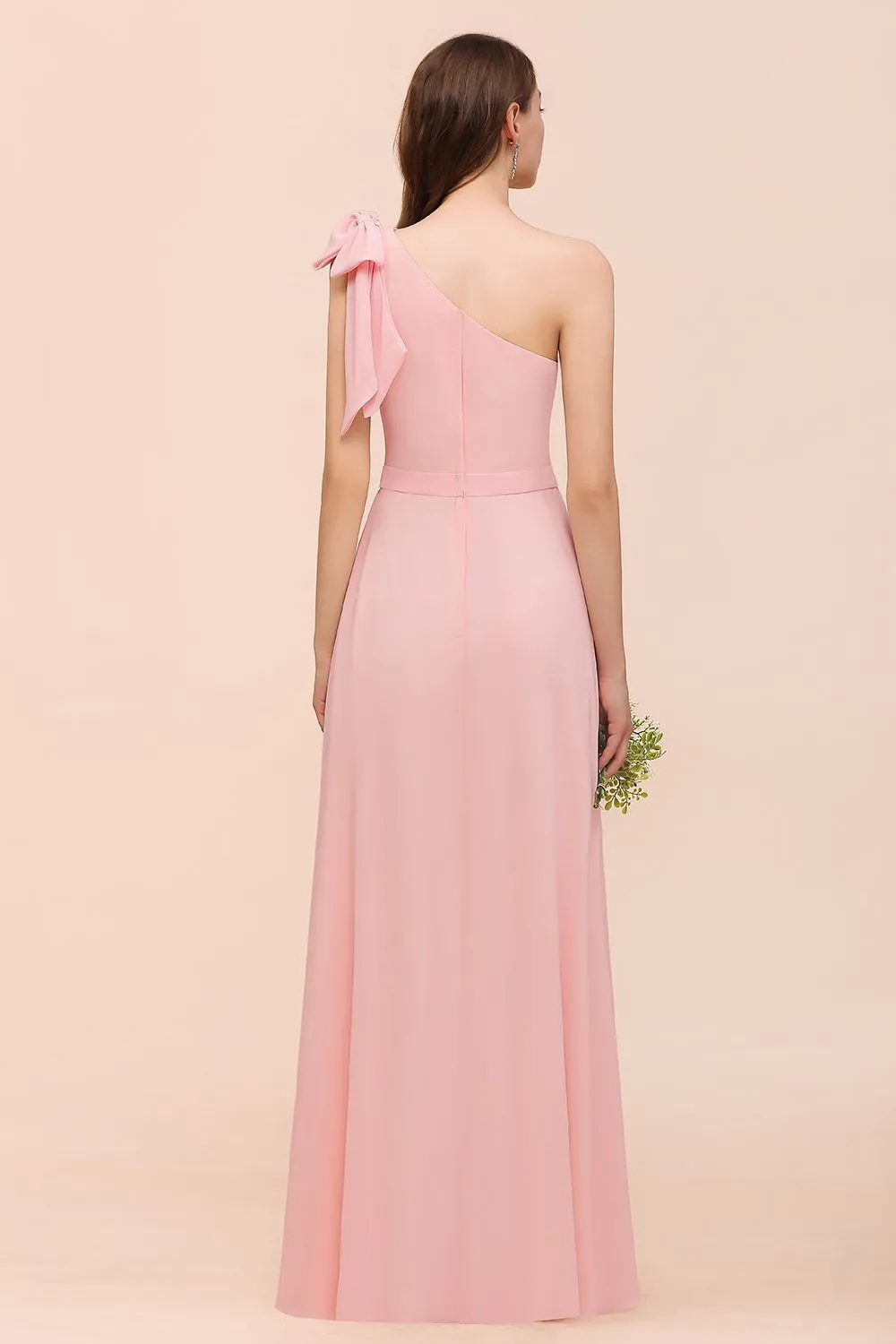 Long One Shoulder A-Line Chiffon Pink Bridesmaid Dress With Bowknot