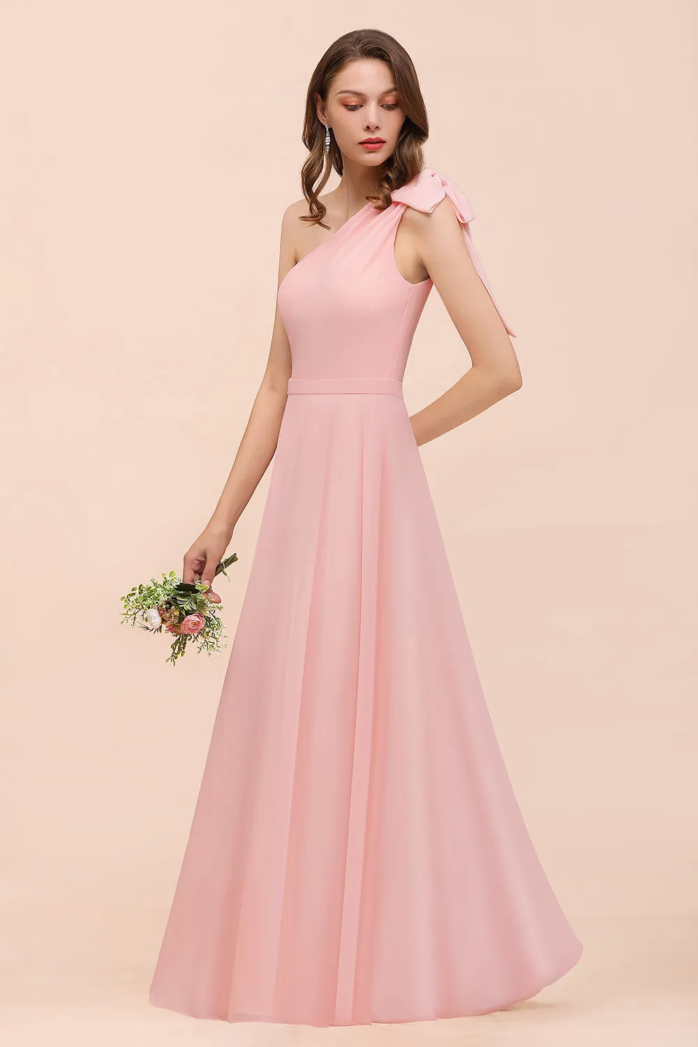 Long One Shoulder A-Line Chiffon Pink Bridesmaid Dress With Bowknot