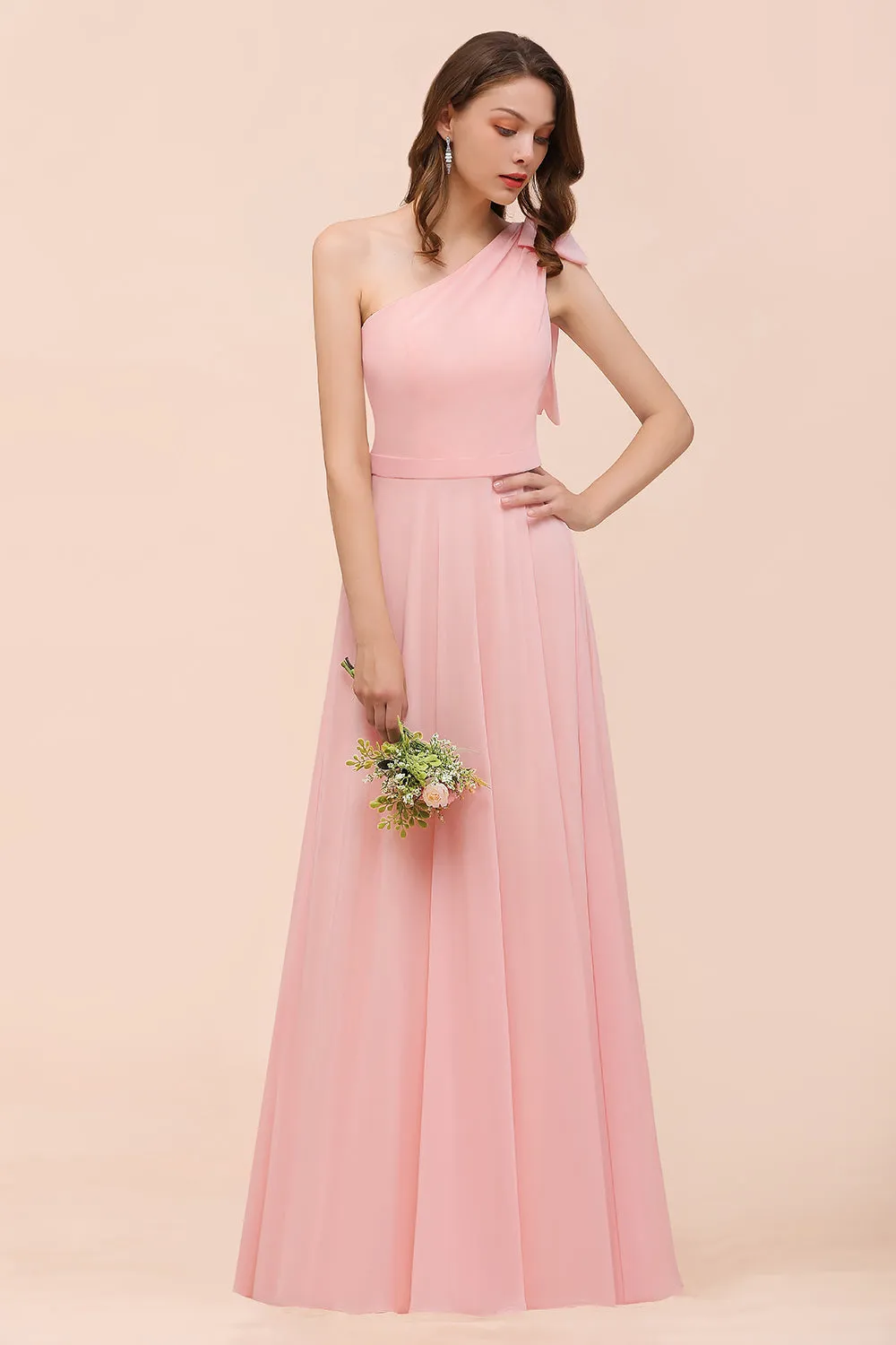 Long One Shoulder A-Line Chiffon Pink Bridesmaid Dress With Bowknot