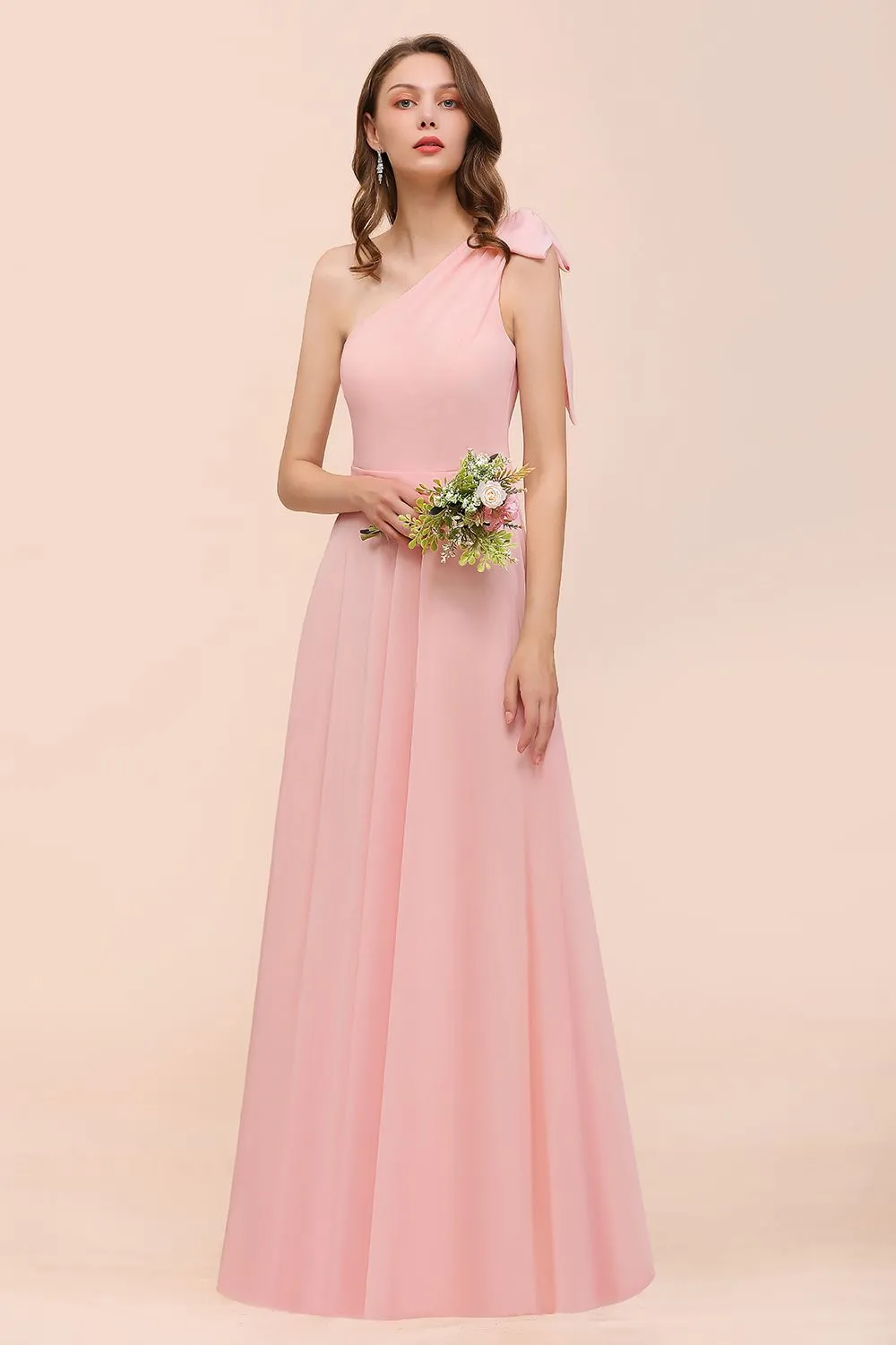 Long One Shoulder A-Line Chiffon Pink Bridesmaid Dress With Bowknot