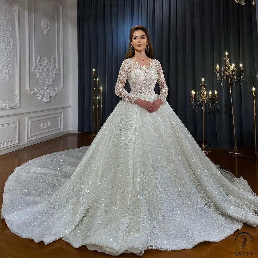 Luxury Embroidered V Neck Long Sleeves Wedding Dresses OS02201