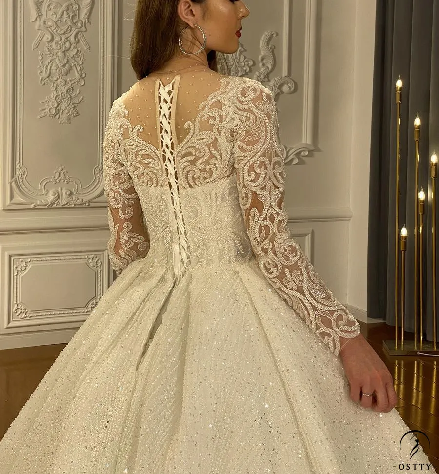 Luxury Embroidered V Neck Long Sleeves Wedding Dresses OS02201
