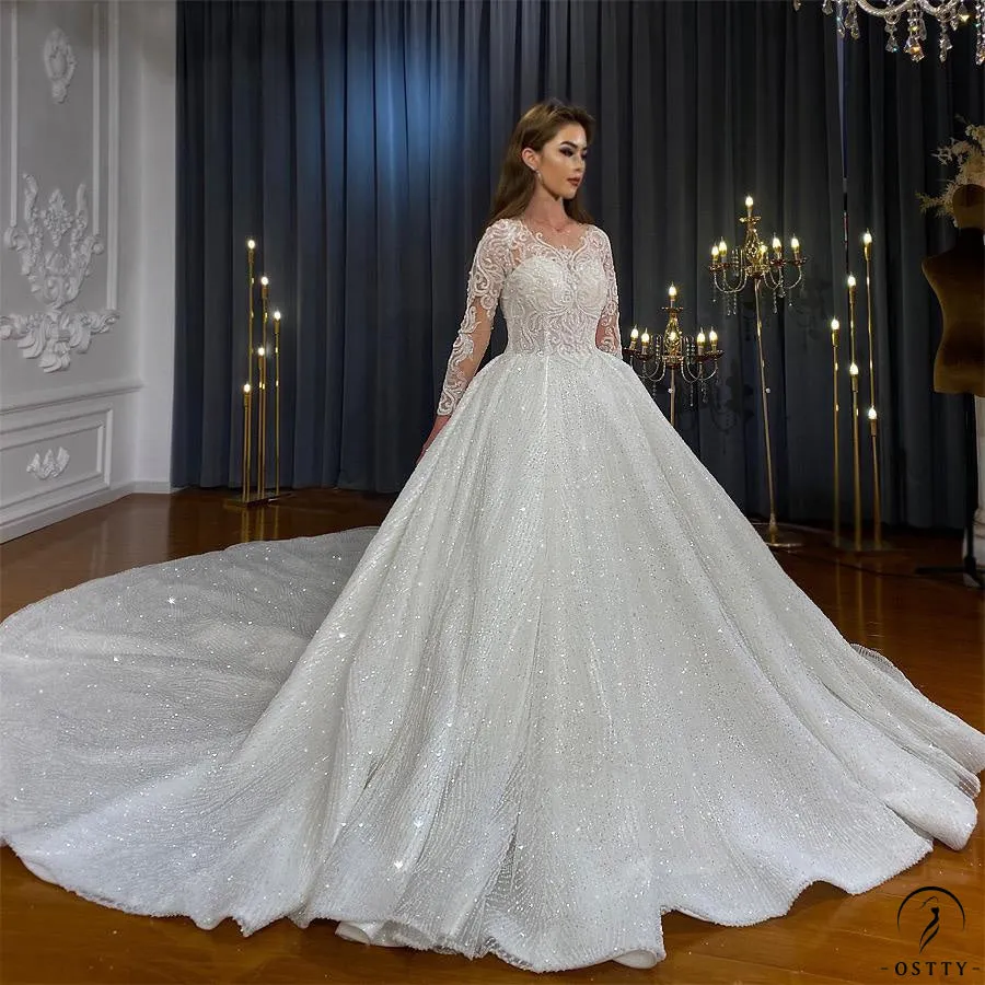 Luxury Embroidered V Neck Long Sleeves Wedding Dresses OS02201
