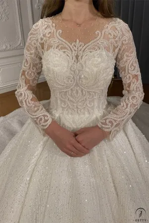 Luxury Embroidered V Neck Long Sleeves Wedding Dresses OS02201