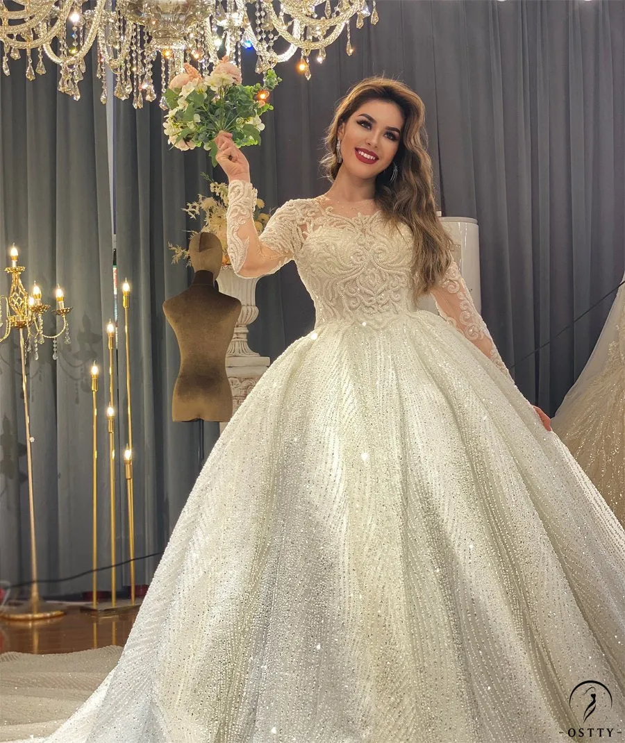 Luxury Embroidered V Neck Long Sleeves Wedding Dresses OS02201