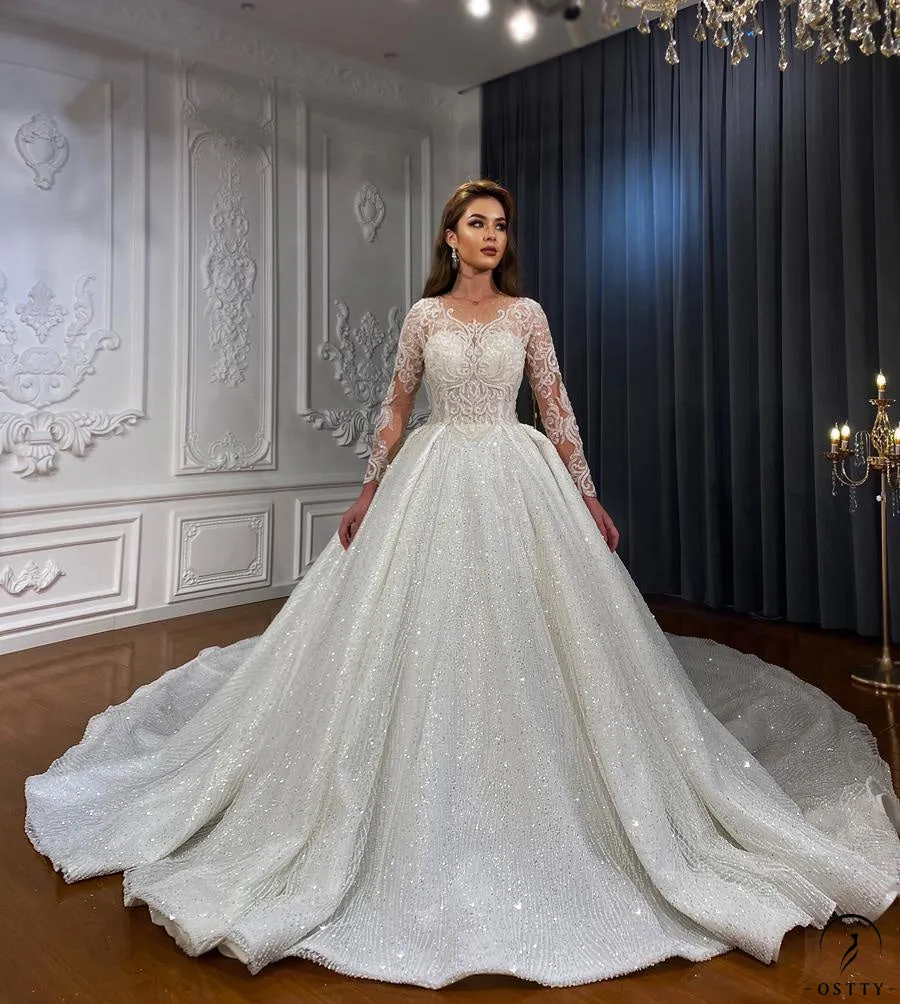 Luxury Embroidered V Neck Long Sleeves Wedding Dresses OS02201