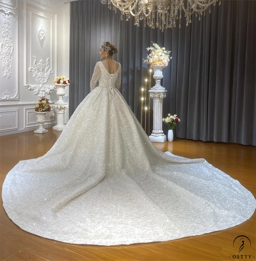 Luxury Long Sleeves Beading Flower V Neck Wedding Dress OS4126