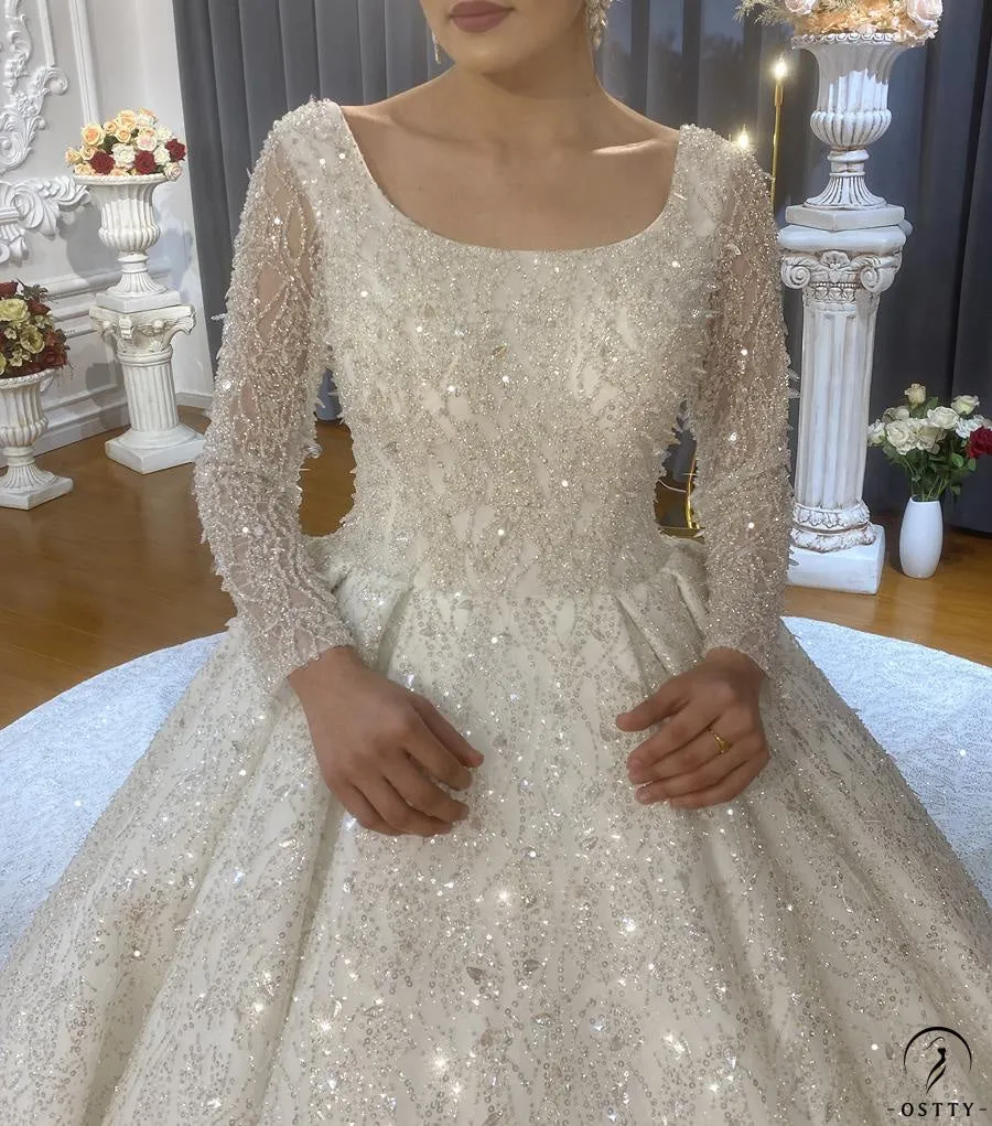 Luxury Long Sleeves Beading Flower V Neck Wedding Dress OS4126