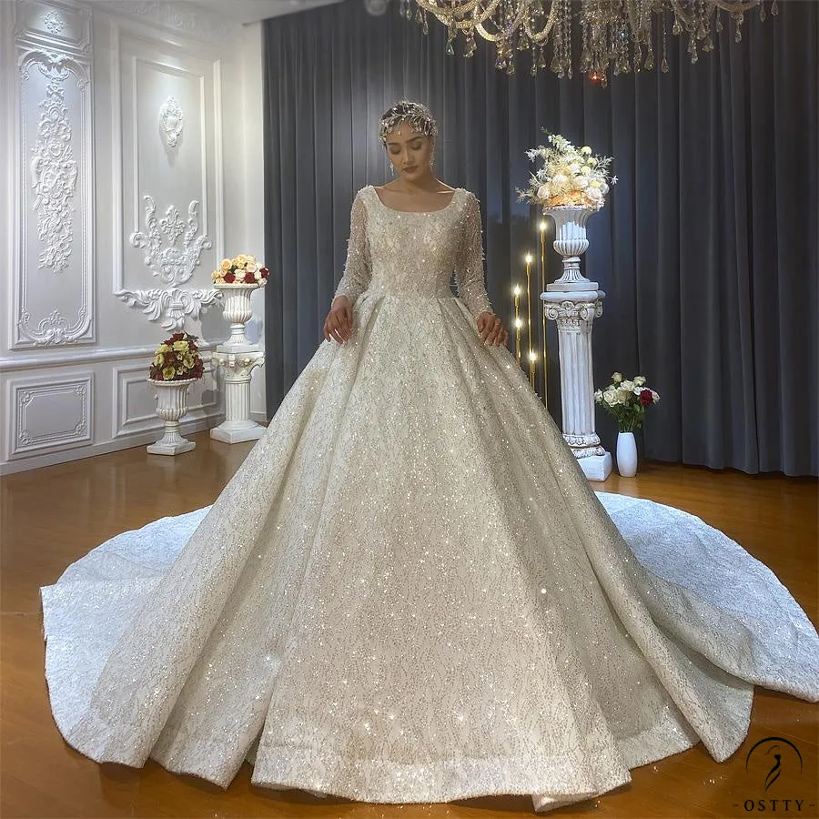 Luxury Long Sleeves Beading Flower V Neck Wedding Dress OS4126