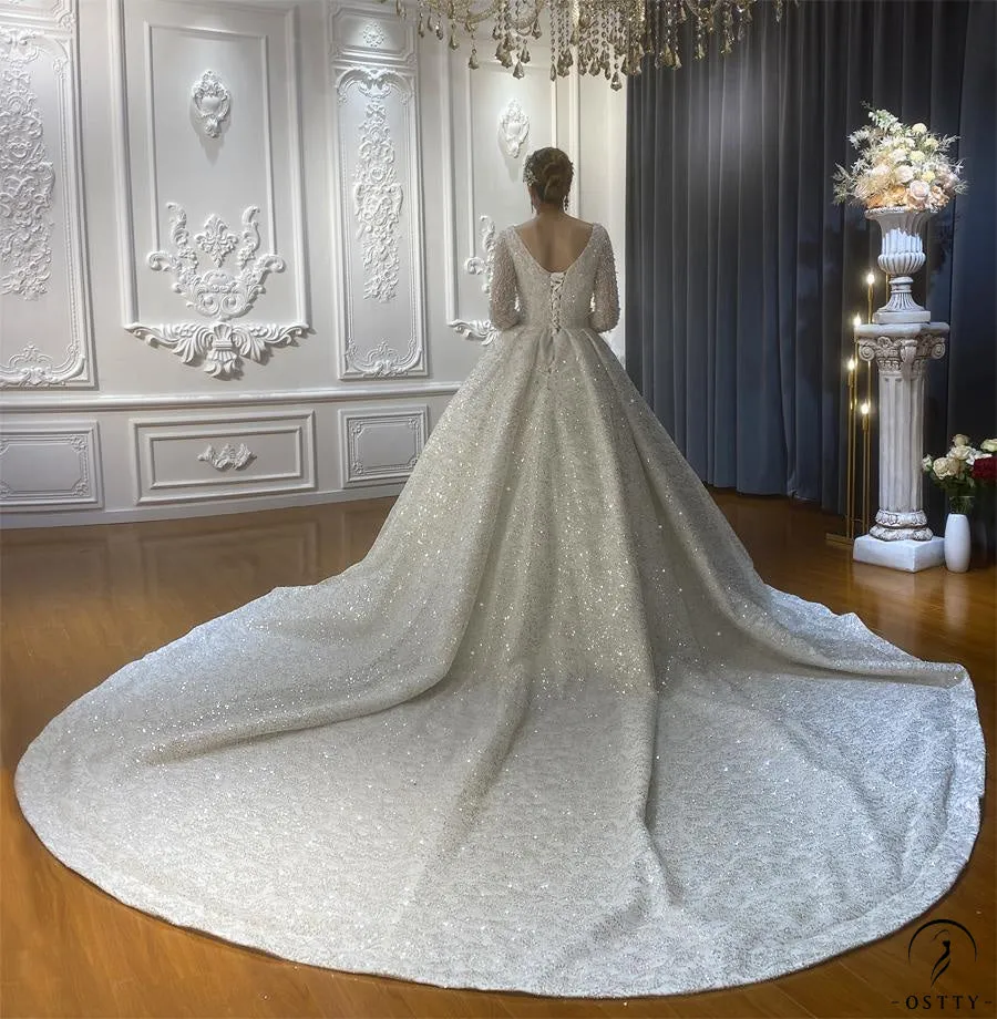 Luxury Long Sleeves Beading Flower V Neck Wedding Dress OS4126