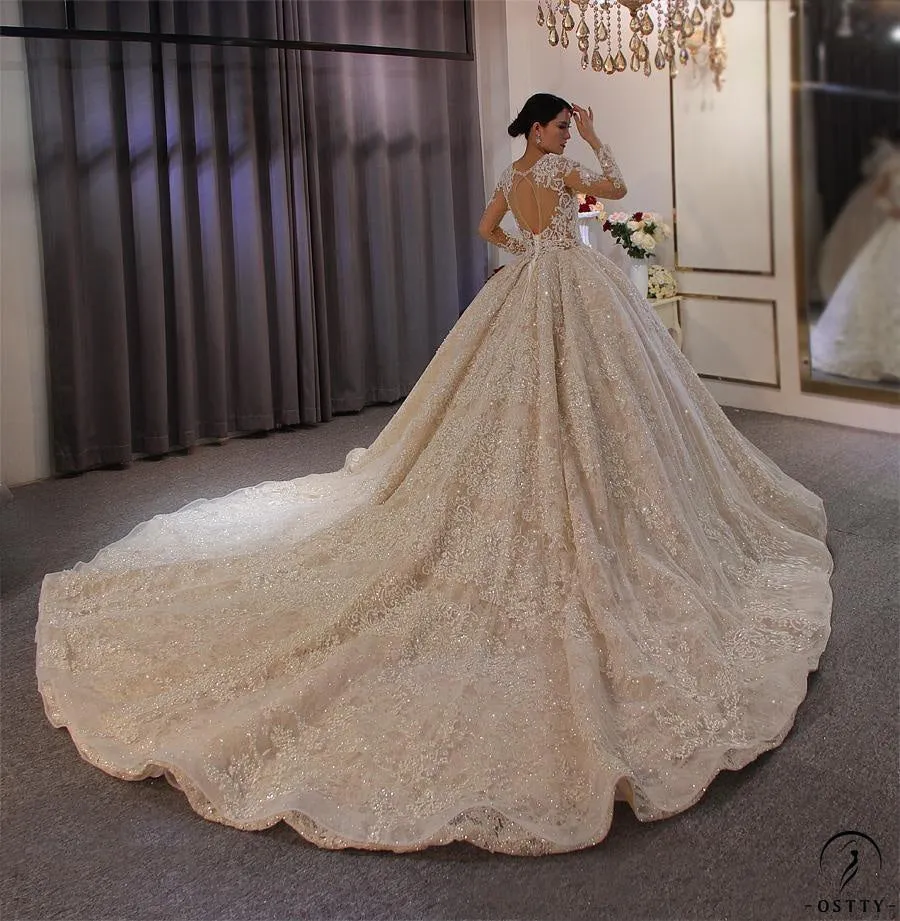 Luxury Round Neck Long Sleeves Full Beading Crystals Wedding Dress OS3917