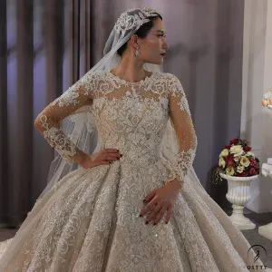 Luxury Round Neck Long Sleeves Full Beading Crystals Wedding Dress OS3917
