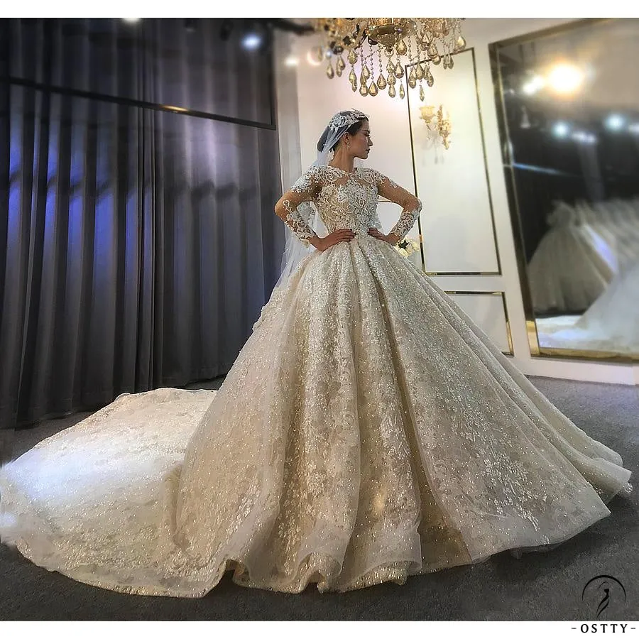 Luxury Round Neck Long Sleeves Full Beading Crystals Wedding Dress OS3917