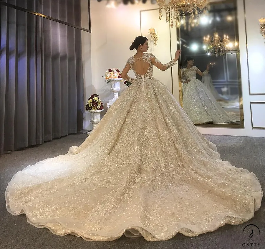 Luxury Round Neck Long Sleeves Full Beading Crystals Wedding Dress OS3917