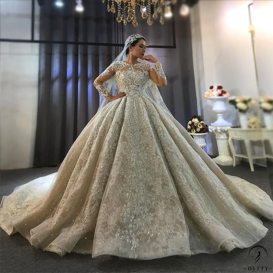Luxury Round Neck Long Sleeves Full Beading Crystals Wedding Dress OS3917