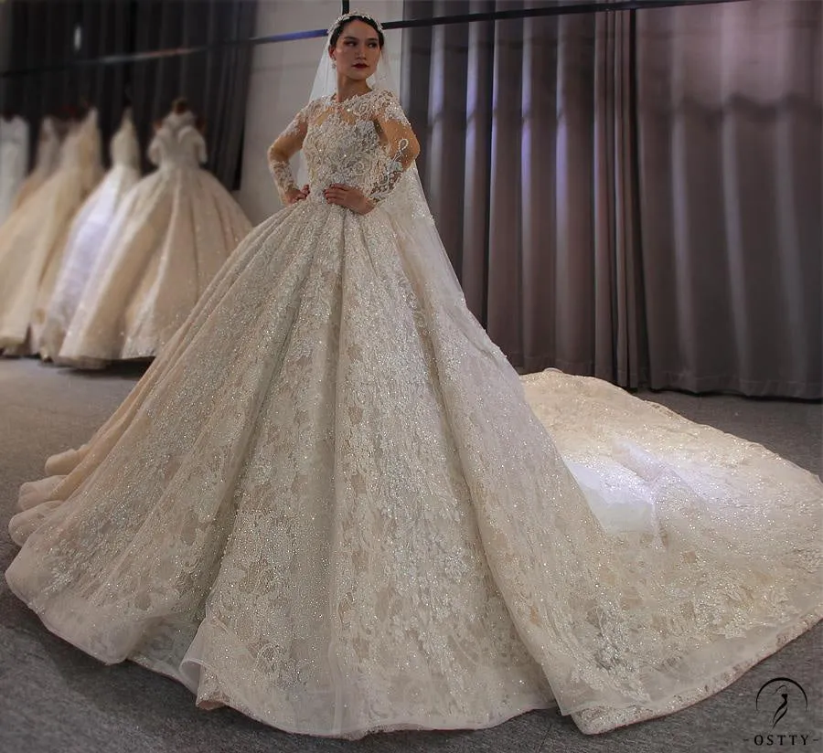 Luxury Round Neck Long Sleeves Full Beading Crystals Wedding Dress OS3917
