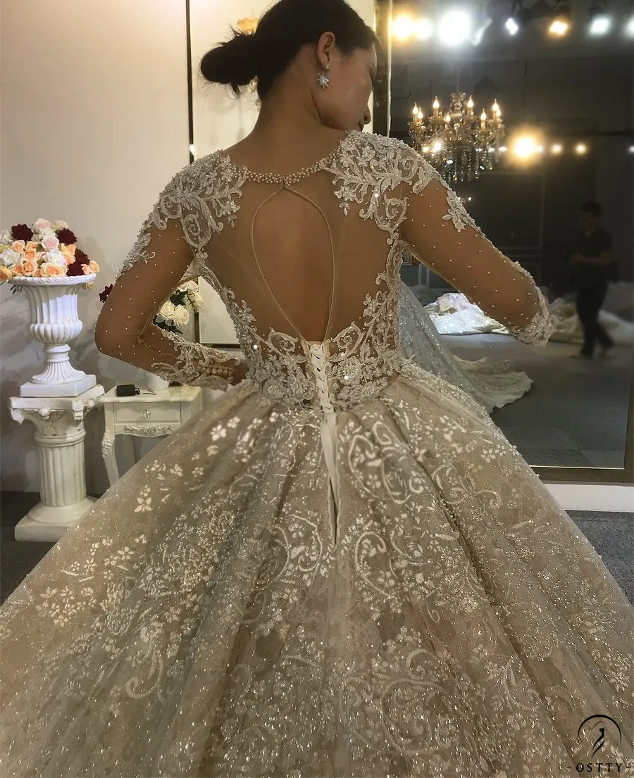 Luxury Round Neck Long Sleeves Full Beading Crystals Wedding Dress OS3917