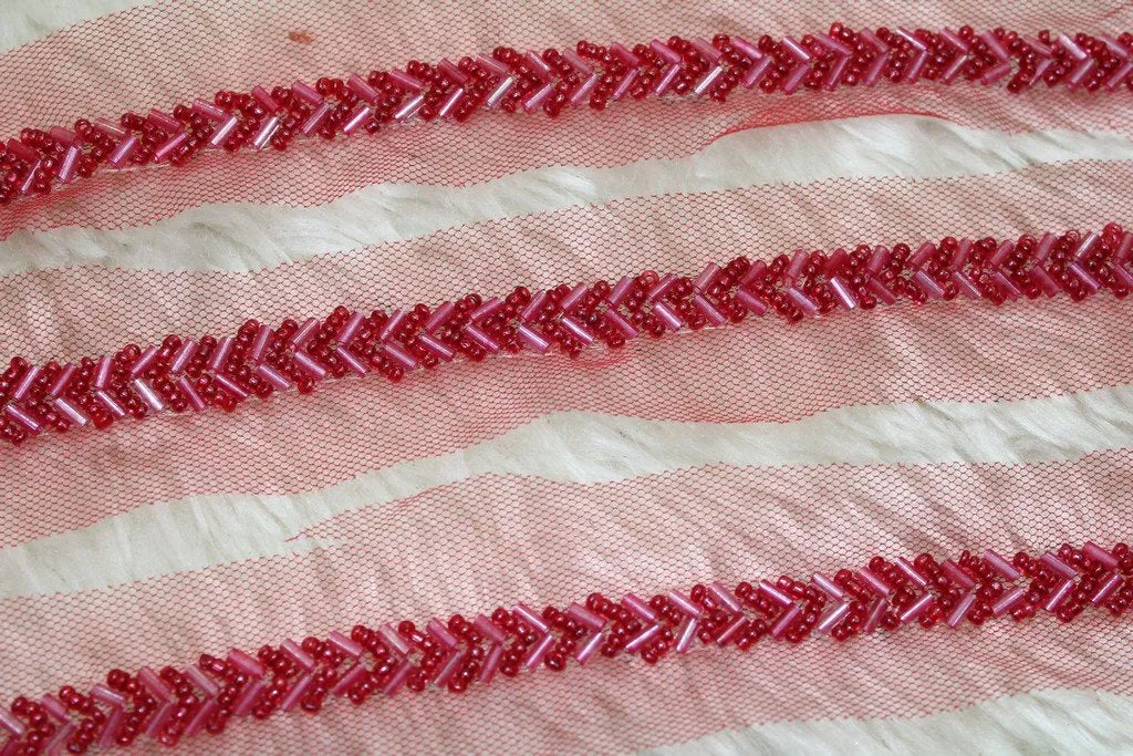 Magenta Pink Embellished Hand Beads Work Embroidered Lace