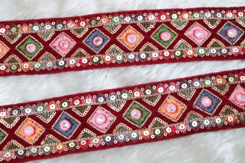 Maroon Multicolour Thread and Sequins Work Embroidered Border