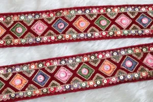 Maroon Multicolour Thread and Sequins Work Embroidered Border
