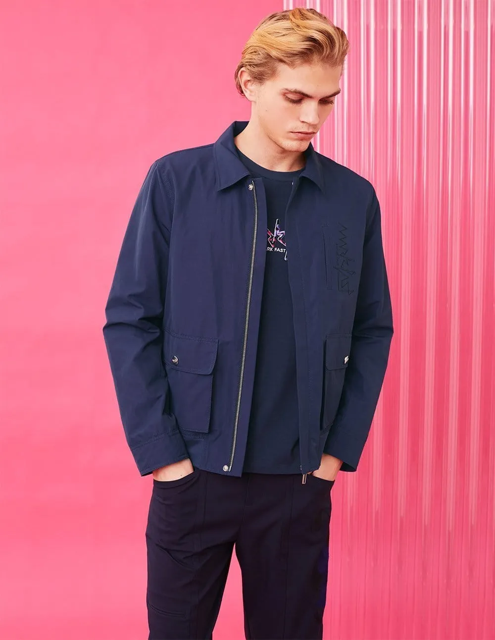 Men Twill Vintage Lapel Zip Up Military Jacket