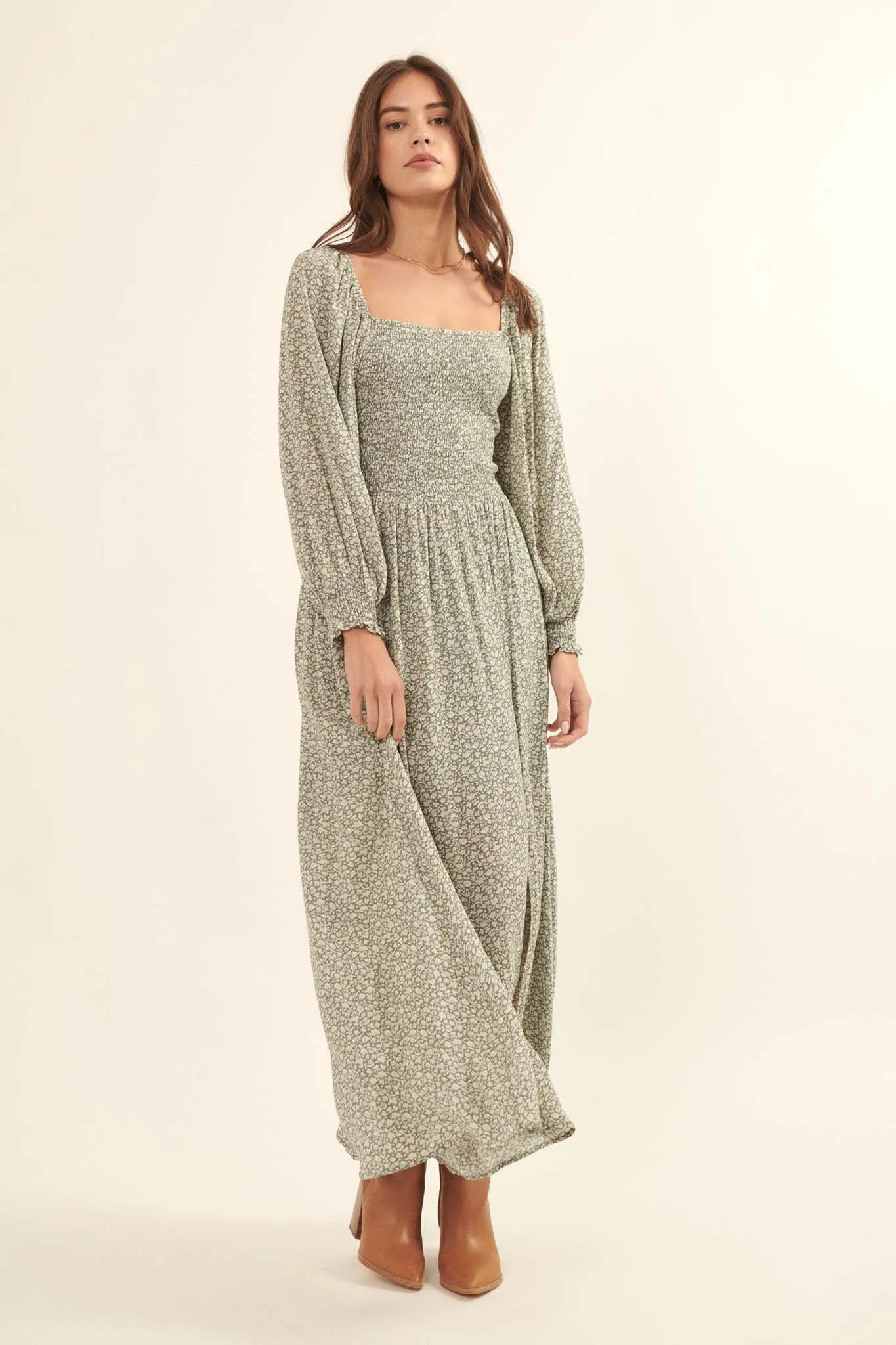 Misty Meadow Floral-Print Maxi Prairie Dress