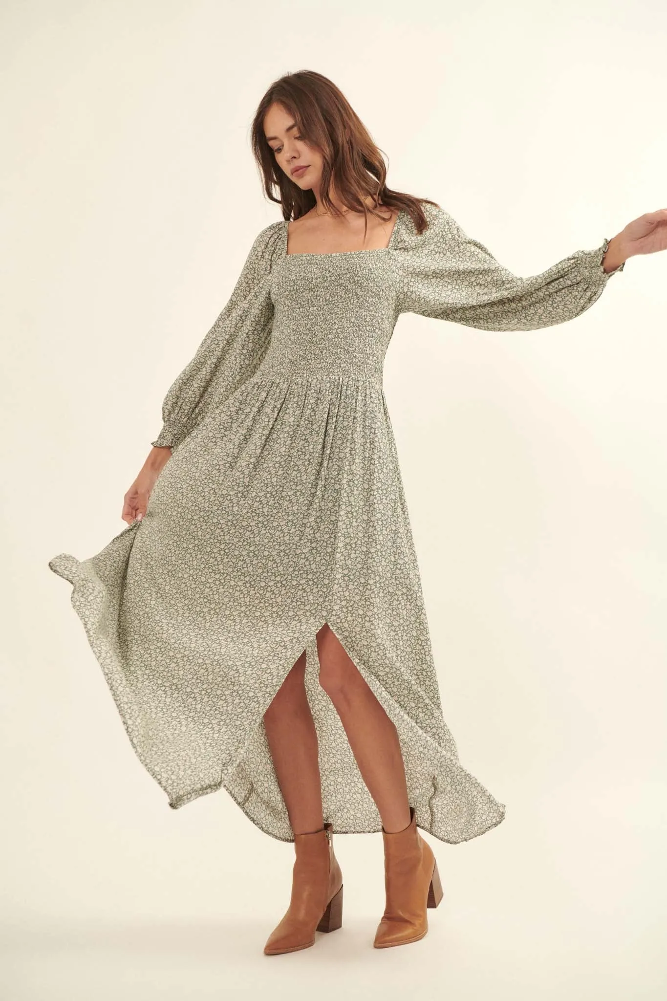 Misty Meadow Floral-Print Maxi Prairie Dress