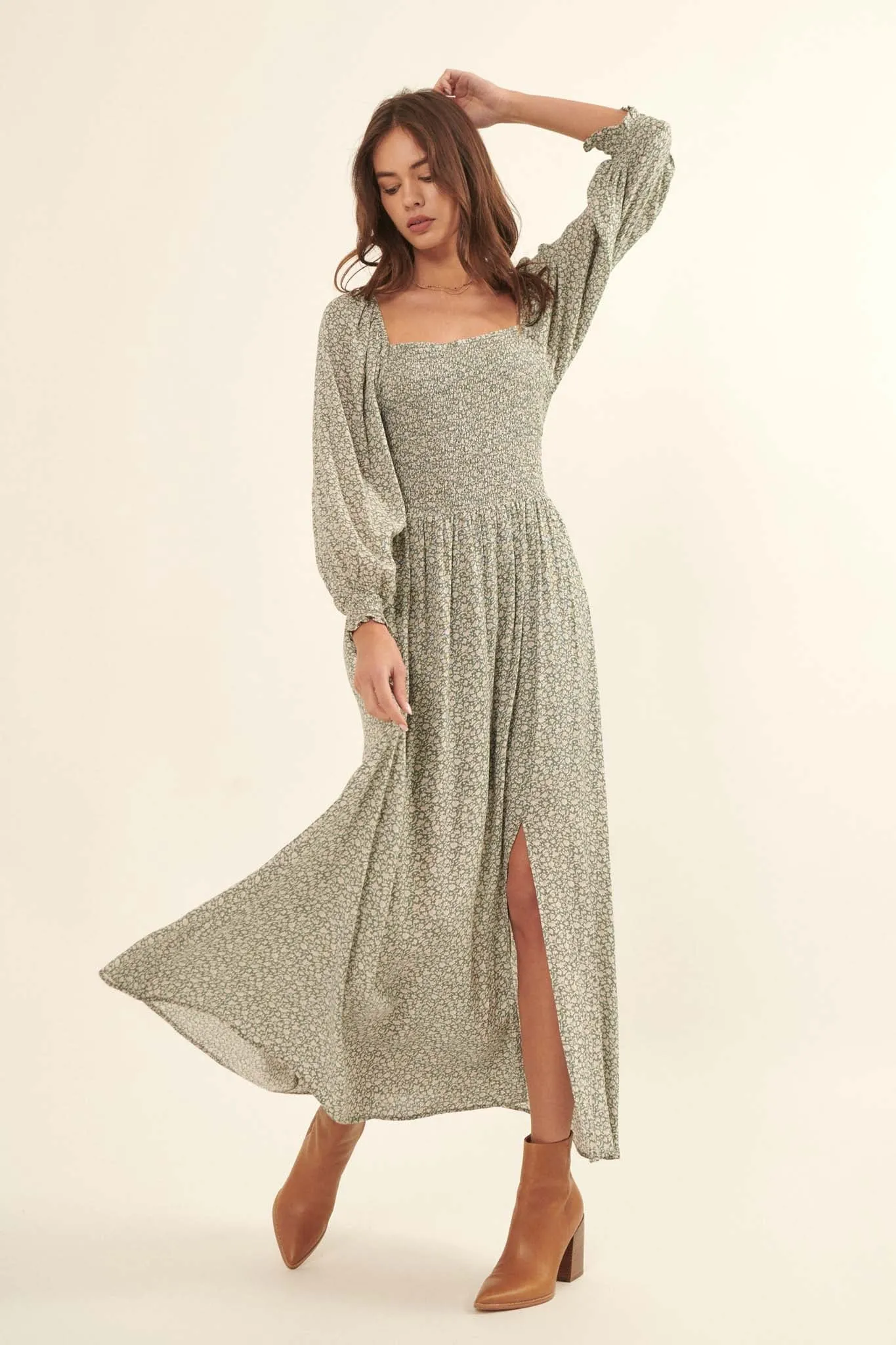 Misty Meadow Floral-Print Maxi Prairie Dress