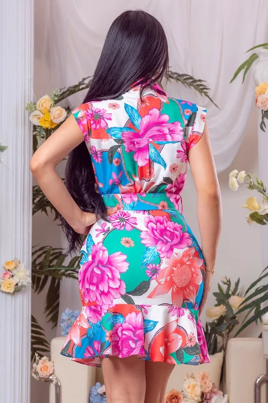 Multi Color Printed Collar Button Down Mini Dress
